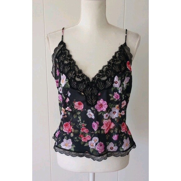 Y2K Lace Trim Cami Tank Top Large Fairy Core Whimsigoth Coquette Black Floral - Picture 1 of 9